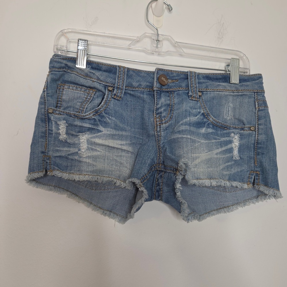RSQ Cabo Cut-Off Blue Distressed‎ Denim Shorts Womens Size 5 Low Rise Frayed Hem